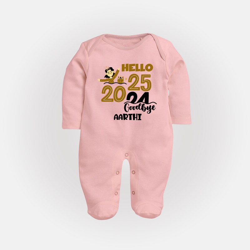 "Hello 2025 , Goodbye 2024" - New Year Themed Customized Sleep Suit For Babies With Name - BABY PINK - New Born (Chest 7.5")