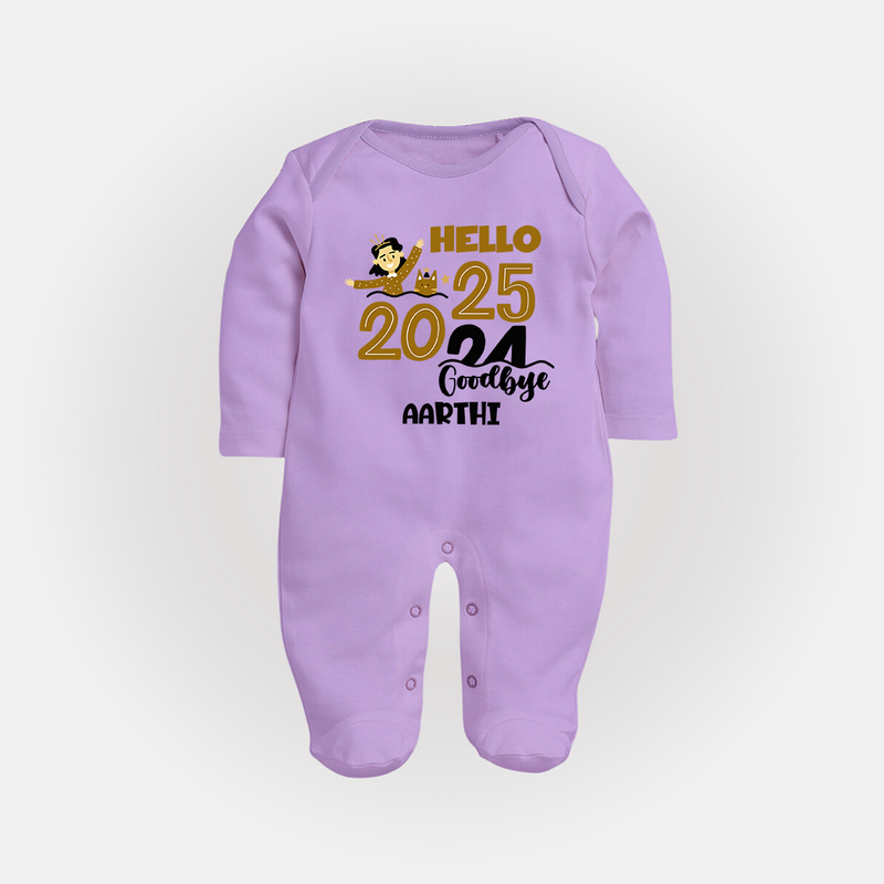 "Hello 2025 , Goodbye 2024" - New Year Themed Customized Sleep Suit For Babies With Name - LILAC - New Born (Chest 7.5")