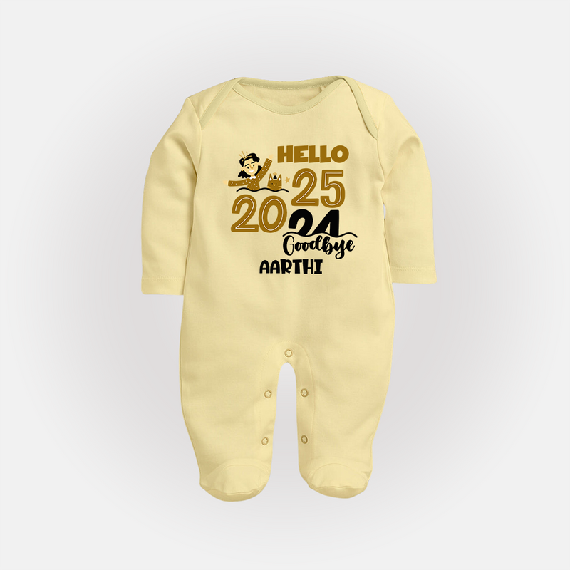 "Hello 2025 , Goodbye 2024" - New Year Themed Customized Sleep Suit For Babies With Name - PASTEL YELLOW - New Born (Chest 7.5")