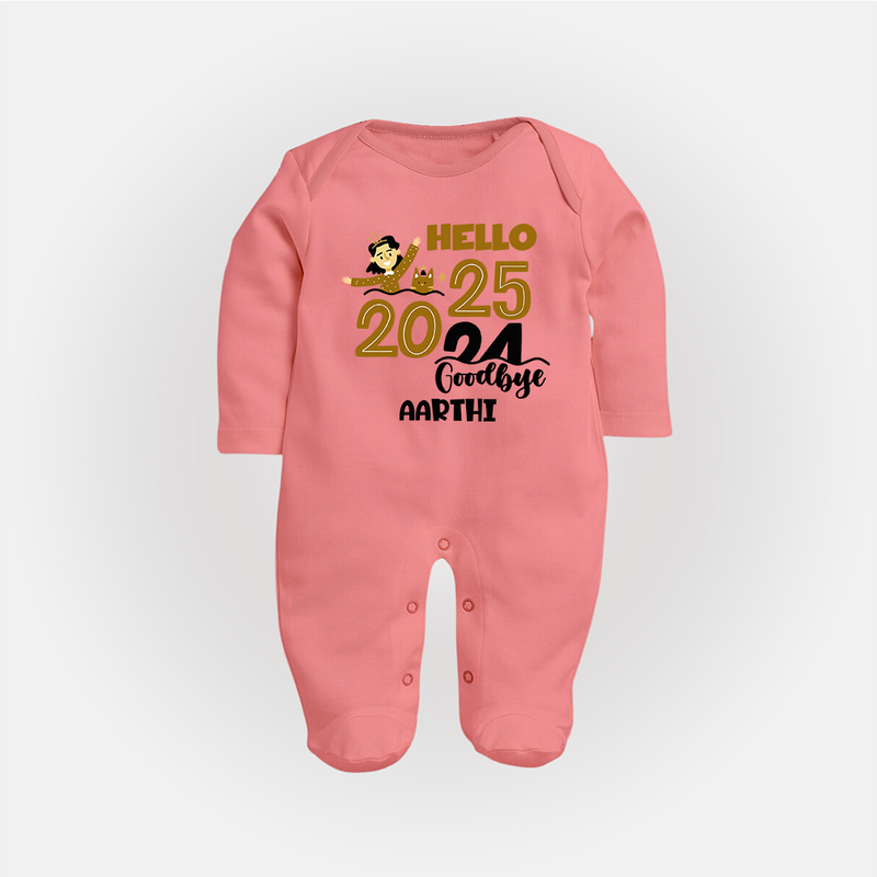 "Hello 2025 , Goodbye 2024" - New Year Themed Customized Sleep Suit For Babies With Name - PEACH - New Born (Chest 7.5")