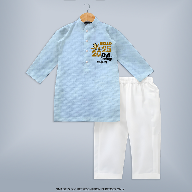 "Hello 2025 , Goodbye 2024" - New Year Themed Customized Kurta set For Kids With Name - SKY BLUE - 3 - 6 Months Old (Chest 24", Kurta Length 14'', Waist 19", Pant Length 14")