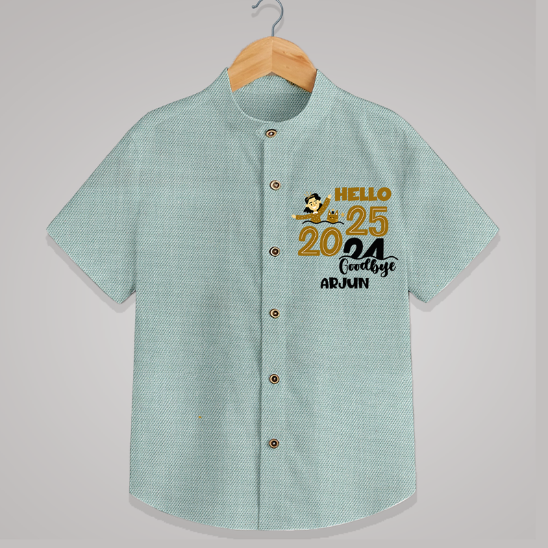 "Hello 2025 , Goodbye 2024" - New Year Themed Customized Shirt For Kids With Name - ARCTIC BLUE - 0 - 6 Months Old (Chest 23")