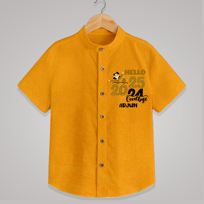 "Hello 2025 , Goodbye 2024" - New Year Themed Customized Shirt For Kids With Name - CHROME YELLOW - 0 - 6 Months Old (Chest 23")