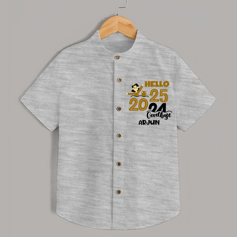 "Hello 2025 , Goodbye 2024" - New Year Themed Customized Shirt For Kids With Name - GREY MELANGE - 0 - 6 Months Old (Chest 23")