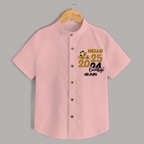 "Hello 2025 , Goodbye 2024" - New Year Themed Customized Shirt For Kids With Name - PEACH - 0 - 6 Months Old (Chest 23")