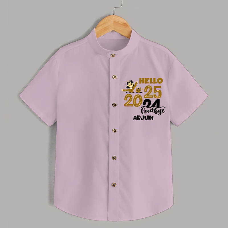 "Hello 2025 , Goodbye 2024" - New Year Themed Customized Shirt For Kids With Name - PINK - 0 - 6 Months Old (Chest 23")