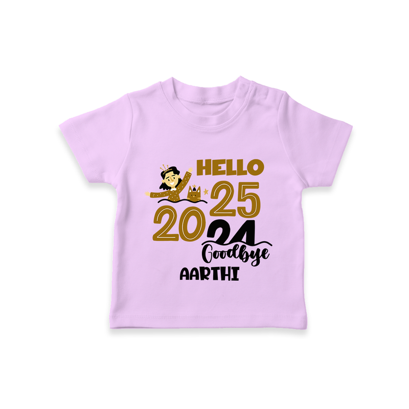 "Hello 2025 , Goodbye 2024" - New Year Themed Customized T-Shirt For Kids With Name - LILAC - 0-5 Months Old (Chest 17")