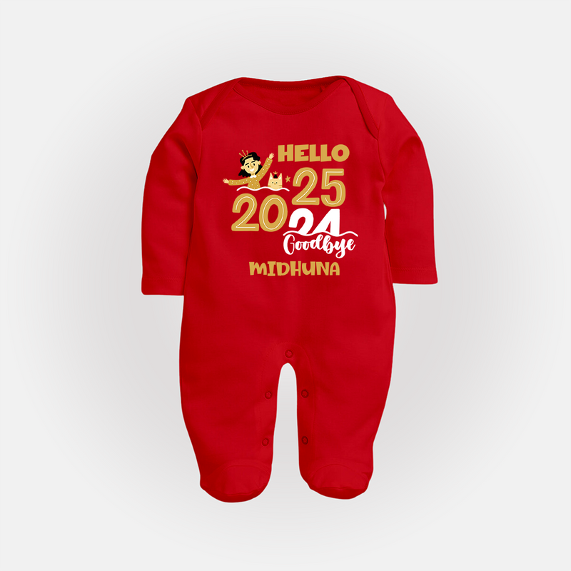 "Hello 2025 , Goodbye 2024" - New Year Themed Customized Sleep Suit For Babies With Name - RED - New Born (Chest 7.5")