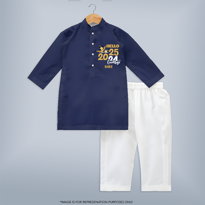 "Hello 2025 , Goodbye 2024" - New Year Themed Customized Kurta set For Kids With Name - NAVY BLUE - 3 - 6 Months Old (Chest 24", Kurta Length 14'', Waist 19", Pant Length 14")