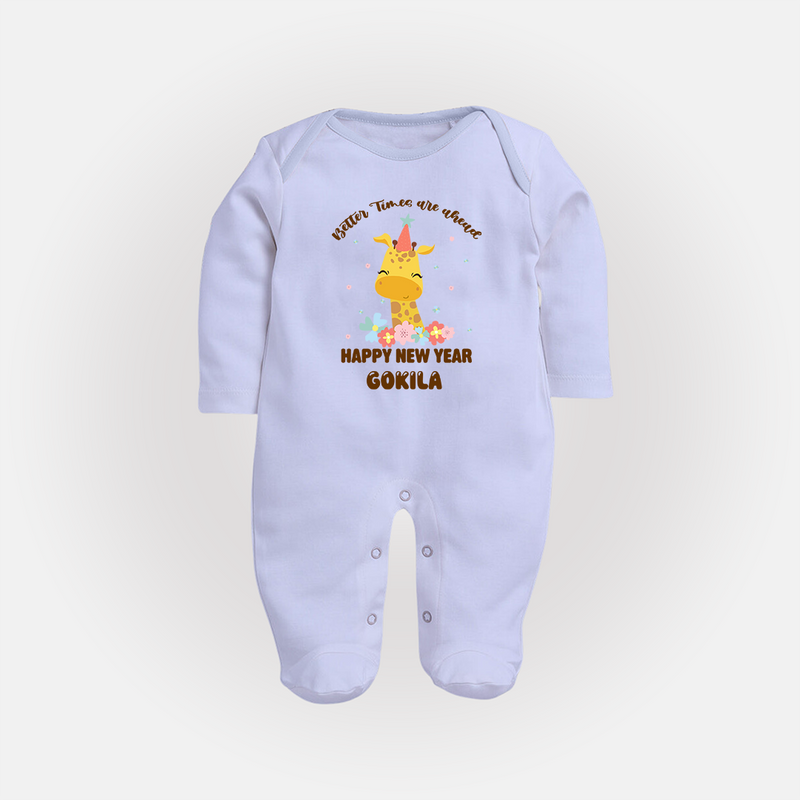 "Better Times Are Ahead" - New Year Themed Customized Sleep Suit For Babies With Name - BABY BLUE - New Born (Chest 7.5")