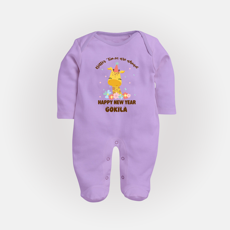 "Better Times Are Ahead" - New Year Themed Customized Sleep Suit For Babies With Name - LILAC - New Born (Chest 7.5")