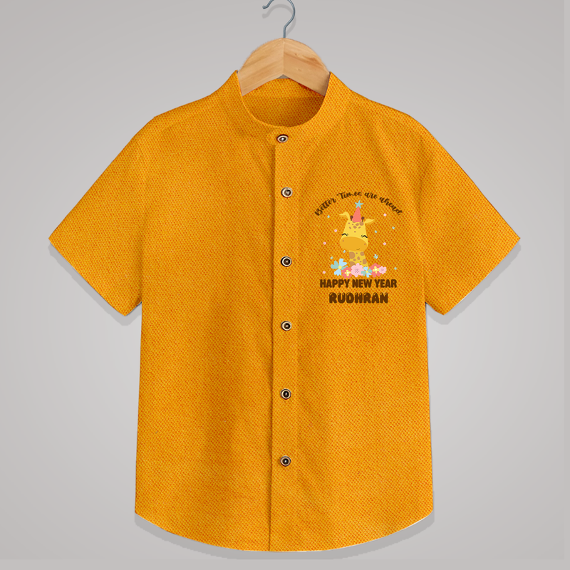 "Better Times Are Ahead" - New Year Themed Customized Shirt For Kids With Name - CHROME YELLOW - 0 - 6 Months Old (Chest 23")