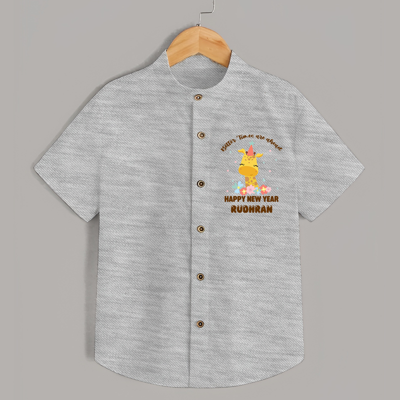 "Better Times Are Ahead" - New Year Themed Customized Shirt For Kids With Name - GREY MELANGE - 0 - 6 Months Old (Chest 23")