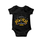 "Happy New Year Lots Of Happiness" - New Year Themed Customized Romper For Babies With Name - BLACK - 0 - 3 Months Old (Chest 16")