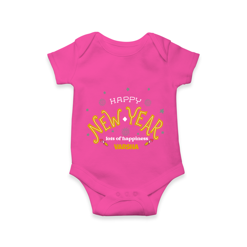 "Happy New Year Lots Of Happiness" - New Year Themed Customized Romper For Babies With Name - HOT PINK - 0 - 3 Months Old (Chest 16")