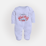 "Happy New Year Lots Of Happiness" - New Year Themed Customized Sleep Suit For Babies With Name - BABY BLUE - New Born (Chest 7.5")