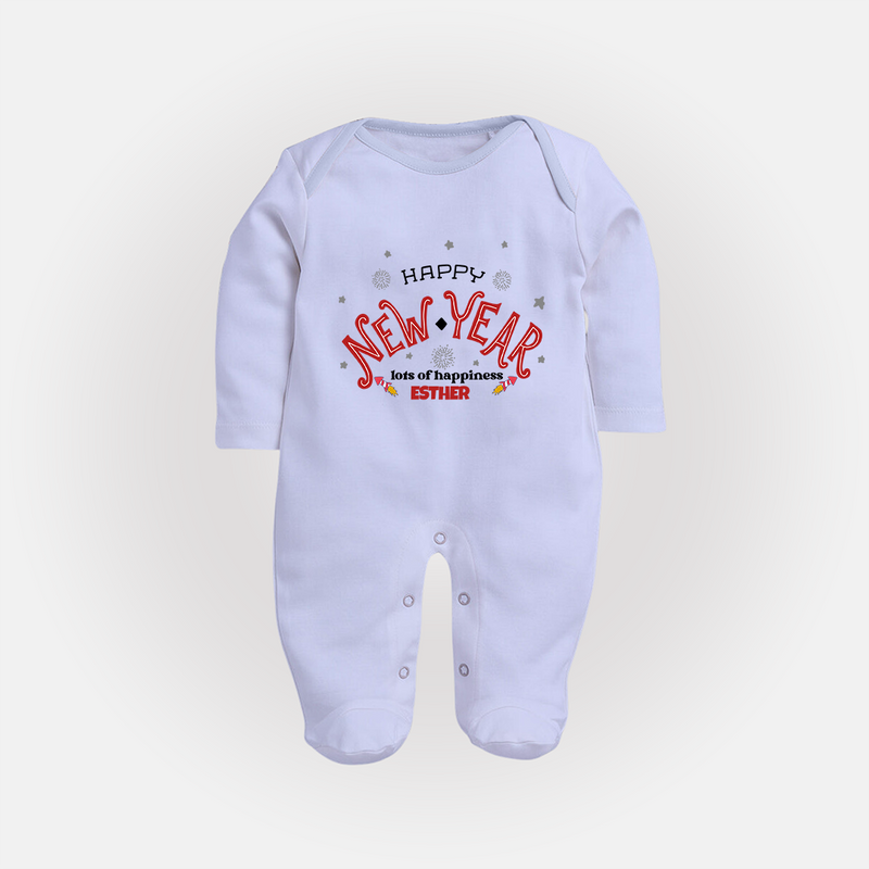 "Happy New Year Lots Of Happiness" - New Year Themed Customized Sleep Suit For Babies With Name - BABY BLUE - New Born (Chest 7.5")