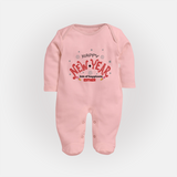 "Happy New Year Lots Of Happiness" - New Year Themed Customized Sleep Suit For Babies With Name - BABY PINK - New Born (Chest 7.5")