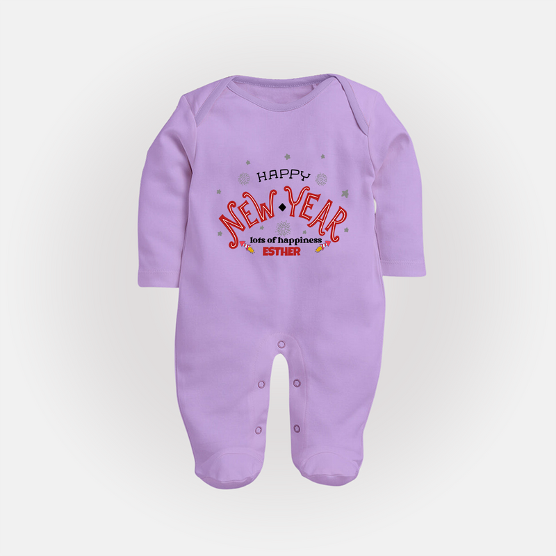 "Happy New Year Lots Of Happiness" - New Year Themed Customized Sleep Suit For Babies With Name - LILAC - New Born (Chest 7.5")