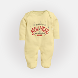 "Happy New Year Lots Of Happiness" - New Year Themed Customized Sleep Suit For Babies With Name - PASTEL YELLOW - New Born (Chest 7.5")