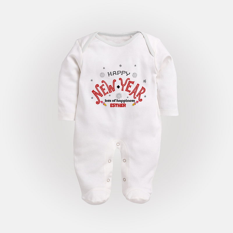 "Happy New Year Lots Of Happiness" - New Year Themed Customized Sleep Suit For Babies With Name - WHITE - New Born (Chest 7.5")