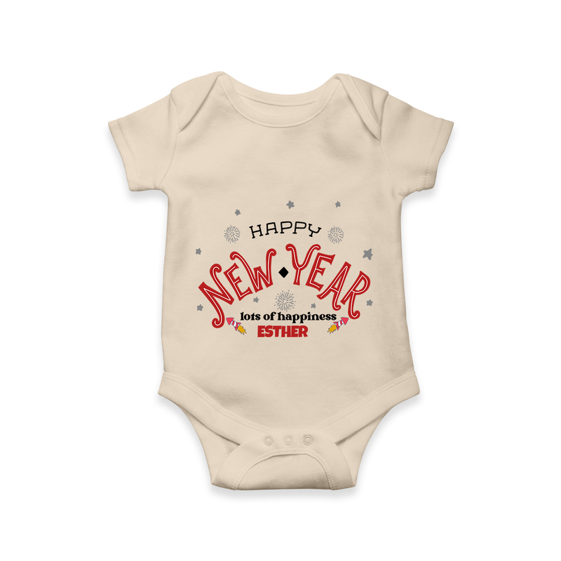 "Happy New Year Lots Of Happiness" - New Year Themed Customized Romper For Babies With Name - IVORY - 0 - 3 Months Old (Chest 16")