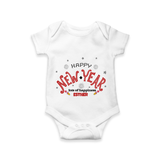 "Happy New Year Lots Of Happiness" - New Year Themed Customized Romper For Babies With Name - WHITE - 0 - 3 Months Old (Chest 16")