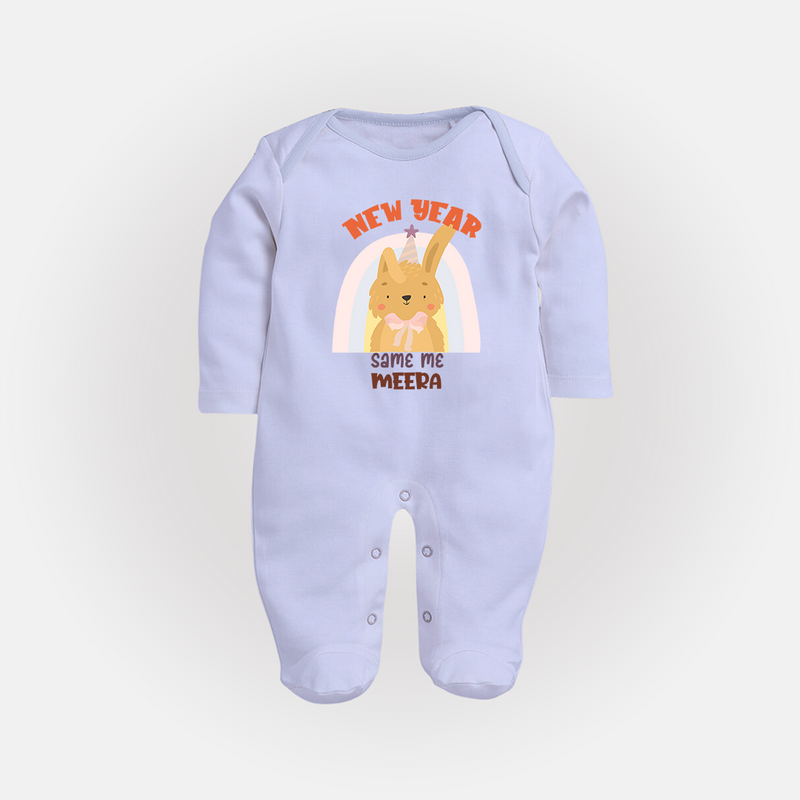 "New Year - Same Me" - New Year Themed Customized Sleep Suit For Babies With Name - BABY BLUE - New Born (Chest 7.5")