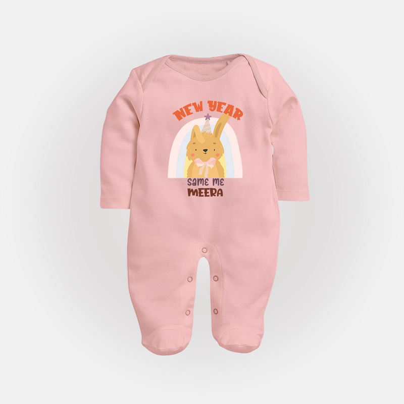 "New Year - Same Me" - New Year Themed Customized Sleep Suit For Babies With Name - BABY PINK - New Born (Chest 7.5")