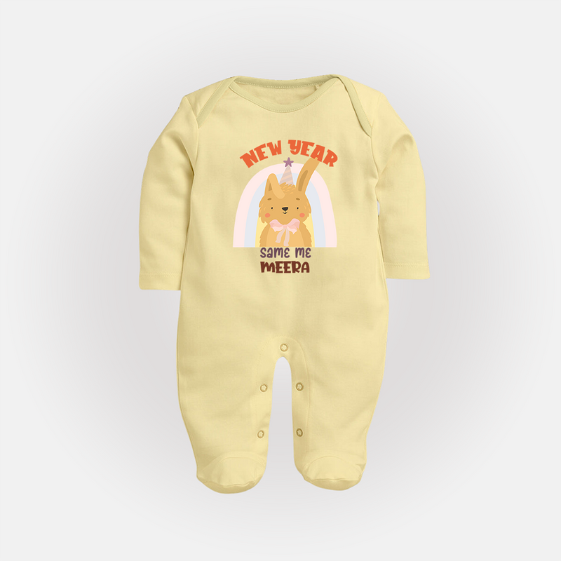 "New Year - Same Me" - New Year Themed Customized Sleep Suit For Babies With Name - PASTEL YELLOW - New Born (Chest 7.5")