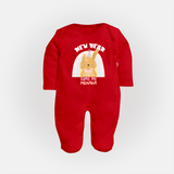 "New Year - Same Me" - New Year Themed Customized Sleep Suit For Babies With Name - RED - New Born (Chest 7.5")