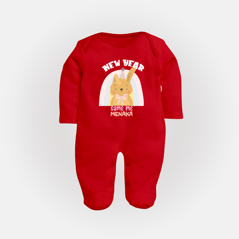 "New Year - Same Me" - New Year Themed Customized Sleep Suit For Babies With Name - RED - New Born (Chest 7.5")