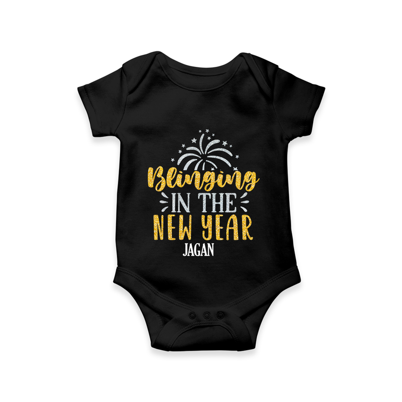 "Blinging In The New Year" - New Year Themed Customized Romper For Babies With Name - BLACK - 0 - 3 Months Old (Chest 16")