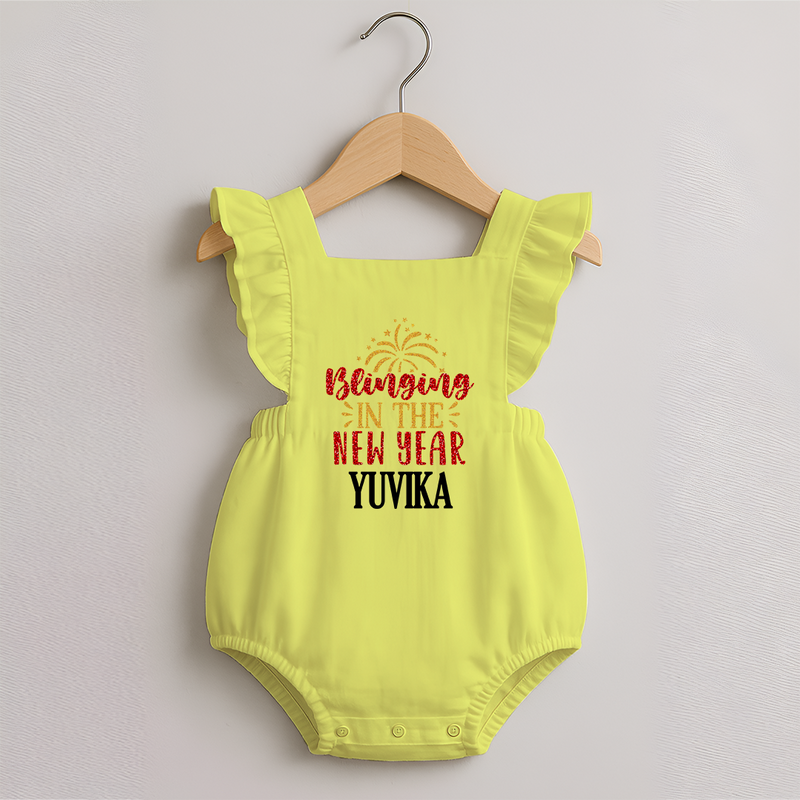 BLINGING IN THE NEW YEAR | Personalised Romper Frock for Girls - PASTEL YELLOW - 0 - 3 Months Old (Chest 19")