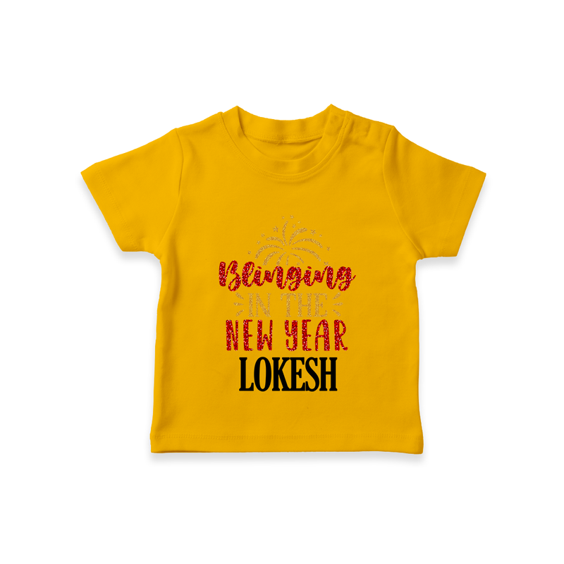 BLINGING IN THE NEW YEAR | Personalised T-Shirt for Kids - CHROME YELLOW - 0-5 Months Old (Chest 17")