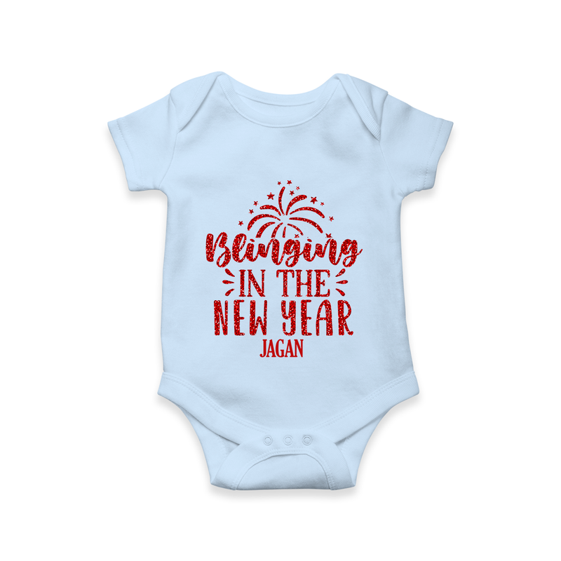 "Blinging In The New Year" - New Year Themed Customized Romper For Babies With Name - BABY BLUE - 0 - 3 Months Old (Chest 16")