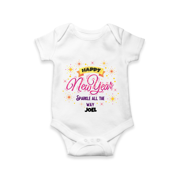 "Sparkle All the Way" - New Year Themed Customized Romper For Babies With Name - WHITE - 0 - 3 Months Old (Chest 16")