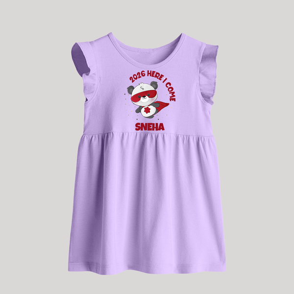 2026 HERE I COME – SUPER PANDA | Personalised Baby Frock   - LILAC - 0 - 3 Months Old (Chest 17")