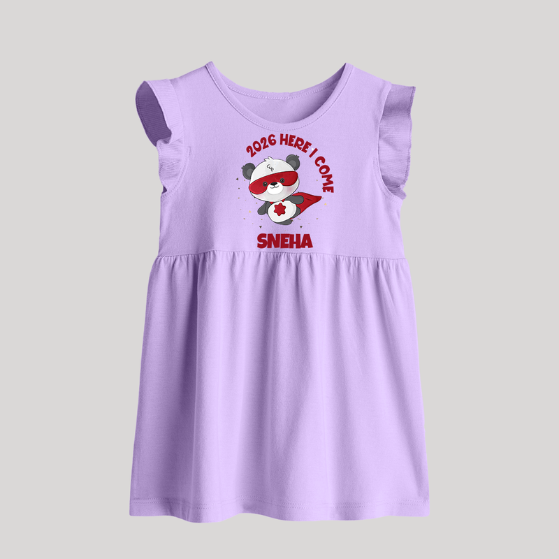 2026 HERE I COME – SUPER PANDA | Personalised Baby Frock   - LILAC - 0 - 3 Months Old (Chest 17")