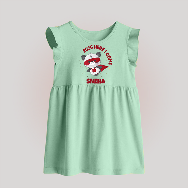 2026 HERE I COME – SUPER PANDA | Personalised Baby Frock   - MINT GREEN - 0 - 3 Months Old (Chest 17")