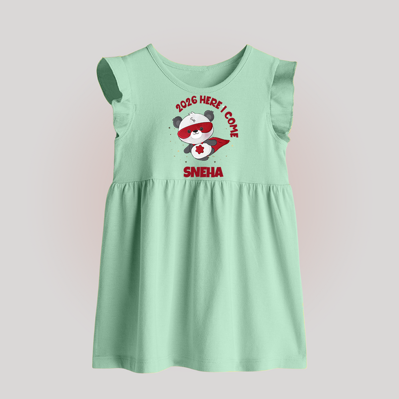2026 HERE I COME – SUPER PANDA | Personalised Baby Frock   - MINT GREEN - 0 - 3 Months Old (Chest 17")