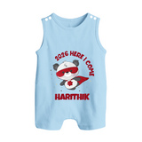 2026 HERE I COME – SUPER PANDA | Personalised Romper Suit   - BABY BLUE - 0 - 5 Months Old (Chest 18")