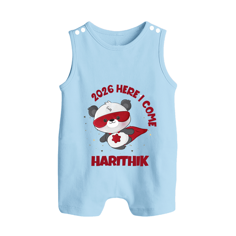 2026 HERE I COME – SUPER PANDA | Personalised Romper Suit   - BABY BLUE - 0 - 5 Months Old (Chest 18")