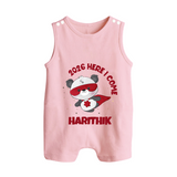 2026 HERE I COME – SUPER PANDA | Personalised Romper Suit   - BABY PINK - 0 - 5 Months Old (Chest 18")