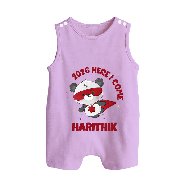 2026 HERE I COME – SUPER PANDA | Personalised Romper Suit   - LILAC - 0 - 5 Months Old (Chest 18")