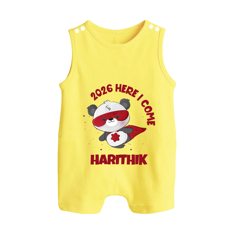 2026 HERE I COME – SUPER PANDA | Personalised Romper Suit   - PASTEL YELLOW - 0 - 5 Months Old (Chest 18")