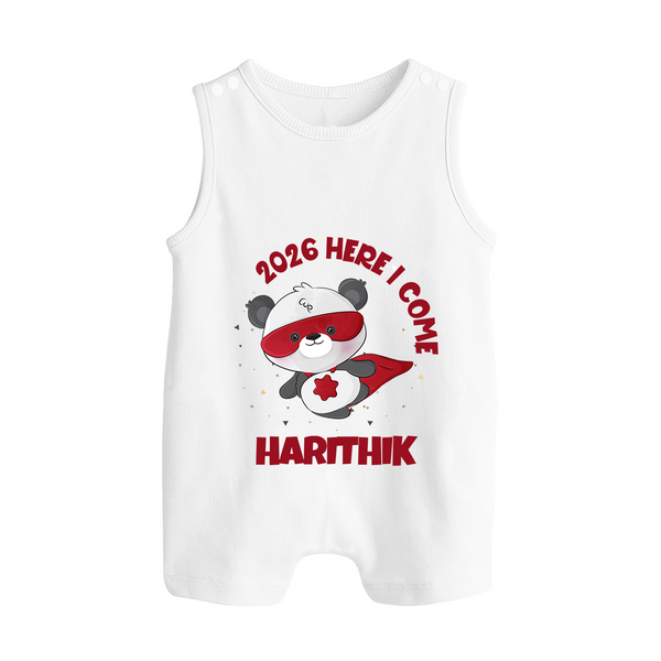2026 HERE I COME – SUPER PANDA | Personalised Romper Suit   - WHITE - 0 - 5 Months Old (Chest 18")