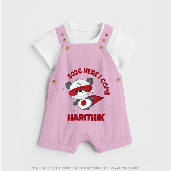 2026 HERE I COME – SUPER PANDA | Personalised Dungaree for Kids - BABY PINK - 0 - 5 Months Old (Chest 18")