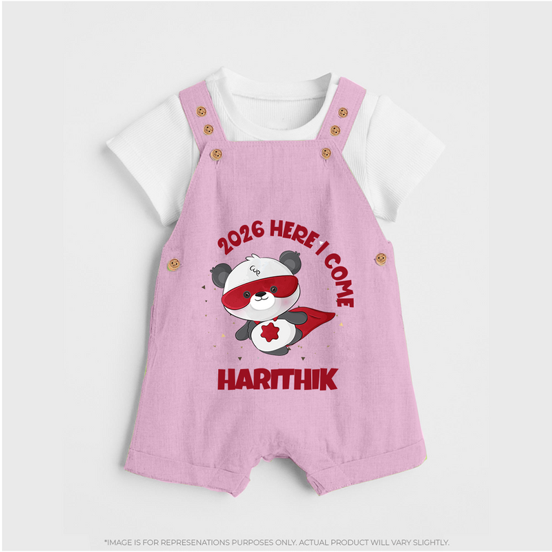 2026 HERE I COME – SUPER PANDA | Personalised Dungaree for Kids - BABY PINK - 0 - 5 Months Old (Chest 18")