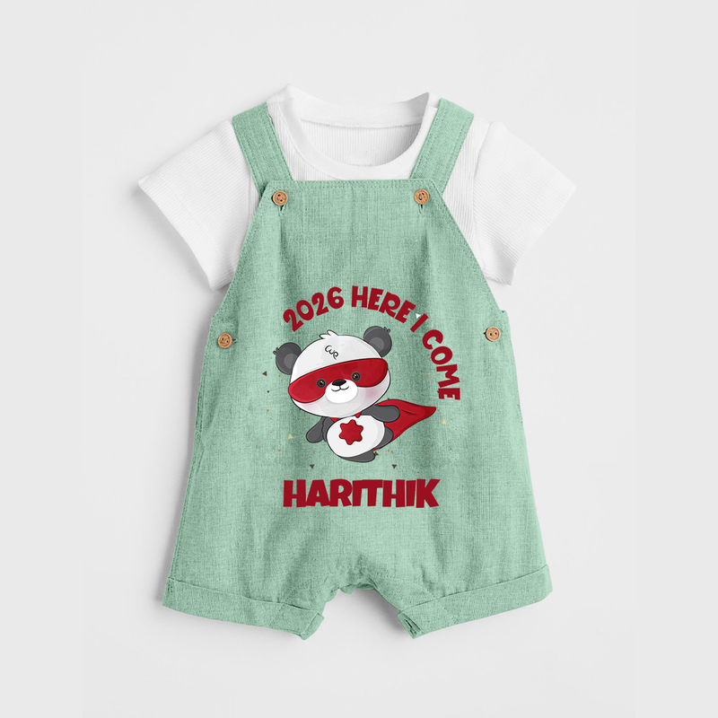 2026 HERE I COME – SUPER PANDA | Personalised Dungaree for Kids - MINT GREEN - 0 - 5 Months Old (Chest 18")